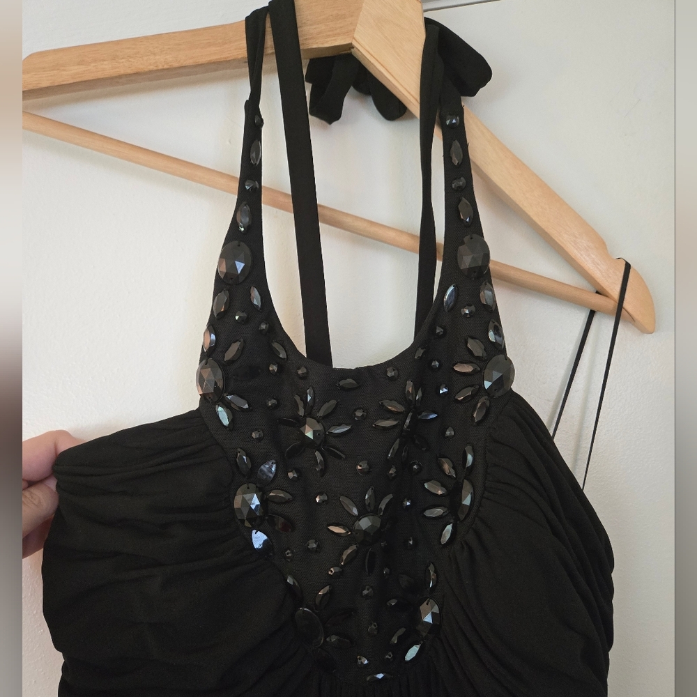 Sangria Black Beaded Stretch Halter Maxi Gown